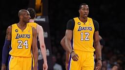 Mar 22, 2013; Los Angeles, CA, USA; Los Angeles Lakers shooting guard Kobe Bryant (24) and center Dwight Howard (12) in the first half of the game against the Washington Wizards at the Staples Center.
