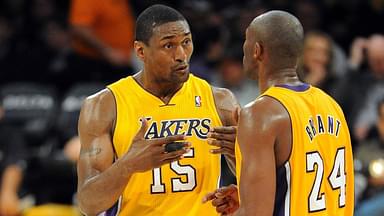 Los Angeles Lakers shooting guard Kobe Bryant (24) and small forward Metta World Peace (15) talk during during a time out in game against the Indiana Pacers at the Staples Center.