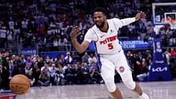 Detroit Pistons guard Malik Beasley (5) loose the ball in the fourth quarter against the New York Knicks during game six of first round for the 2024 NBA Playoffs at Little Caesars Arena.