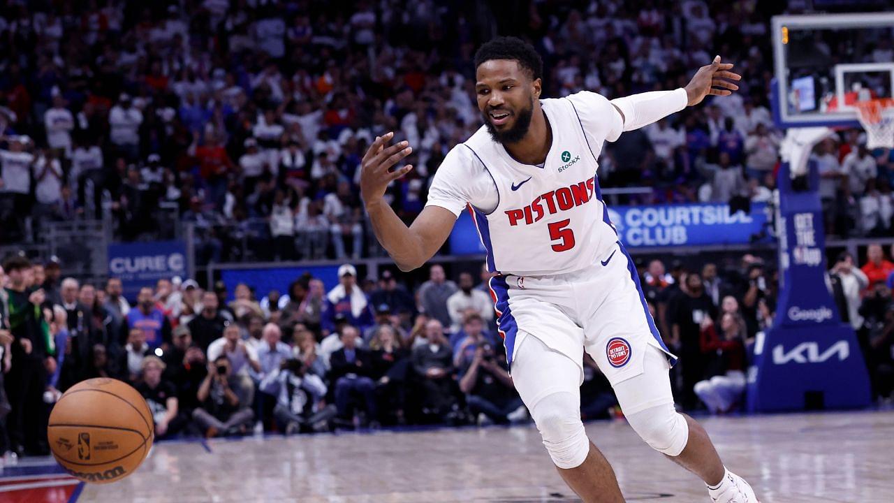 Detroit Pistons guard Malik Beasley (5) loose the ball in the fourth quarter against the New York Knicks during game six of first round for the 2024 NBA Playoffs at Little Caesars Arena.