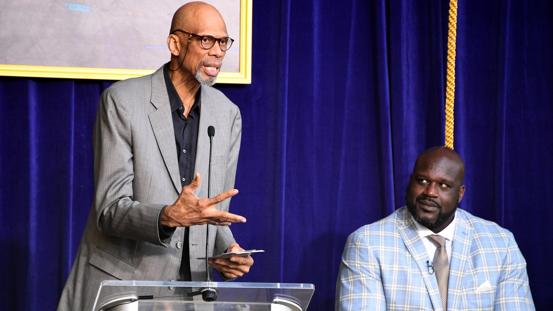 Mar 24, 2017; Los Angeles, CA, USA; Kareem Abdul-Jabbar (left) speaks during ceremony to unveil statue of Los Angeles Lakers former center Shaquille O'Neal at Staples Center.