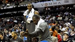 Orlando Magic guard Jason Richardson (23) celebrates his team scoring as center Dwight Howard looks on during the game against the Charlotte Bobcats at Time Warner Cable Arena.