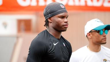 Jacksonville Jaguars wide receiver Travis Hunter (12) waits to be interviewed following rookie minicamp at Miller Electric Center.