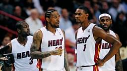 Nov. 17, 2010; Miami, FL, USA; Miami Heat players (from left) guard (3) Dwyane Wade , forward (40) Udonis Haslem , forward (1) Chris Bosh and forward (6) LeBron James against the Phoenix Suns at the American Airlines Arena. Miami defeated Phoenix 123-96. Mandatory Credit: Mark J. Rebilas-Imagn Images