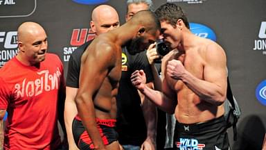 Jon Jones (left) and Chael Sonnen face off after the weigh-in at the Prudential Center.