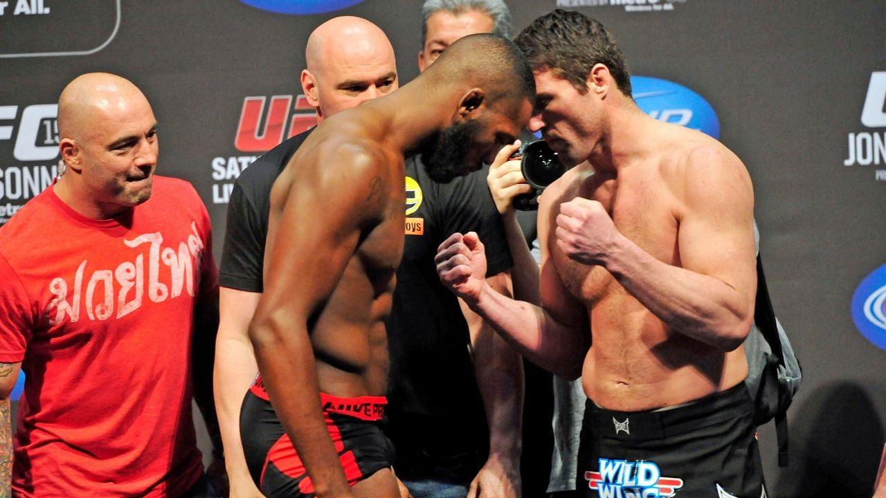 Jon Jones (left) and Chael Sonnen face off after the weigh-in at the Prudential Center.