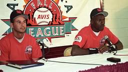 Oct 6, 1994; Tempe, AZ, USA; FILE PHOTO; Chicago Bulls former guard Michael Jordan (right) and Scorpions coach Terry Francona (right) at a press conference prior to Jordan's first game as an outfielder for the Scottsdale Scorpions at Tempe Diablo Stadium.