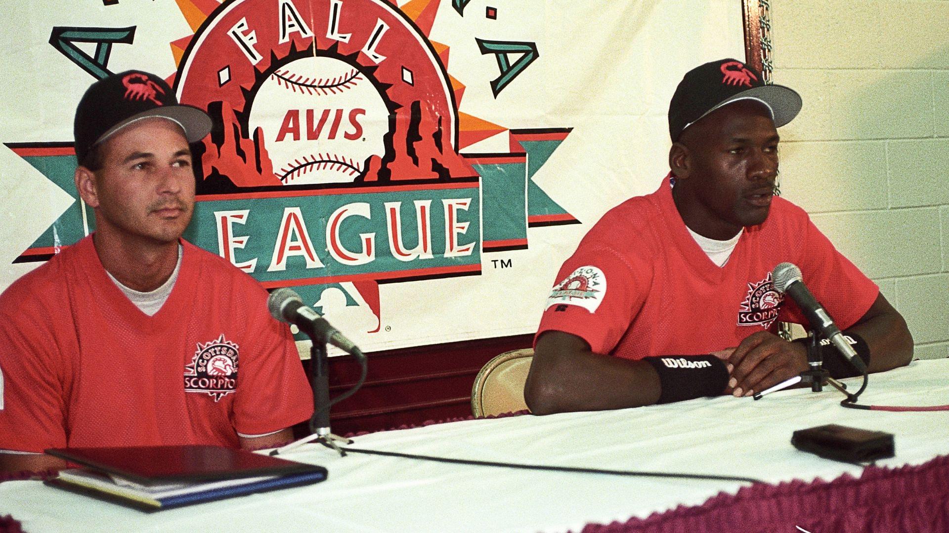 Oct 6, 1994; Tempe, AZ, USA; FILE PHOTO; Chicago Bulls former guard Michael Jordan (right) and Scorpions coach Terry Francona (right) at a press conference prior to Jordan's first game as an outfielder for the Scottsdale Scorpions at Tempe Diablo Stadium.