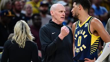 Oct 30, 2024; Indianapolis, Indiana, USA; Indiana Pacers Head Coach Rick Carlisle shares a moment with Indiana Pacers guard Tyrese Haliburton (0) during overtime at Gainbridge Fieldhouse.