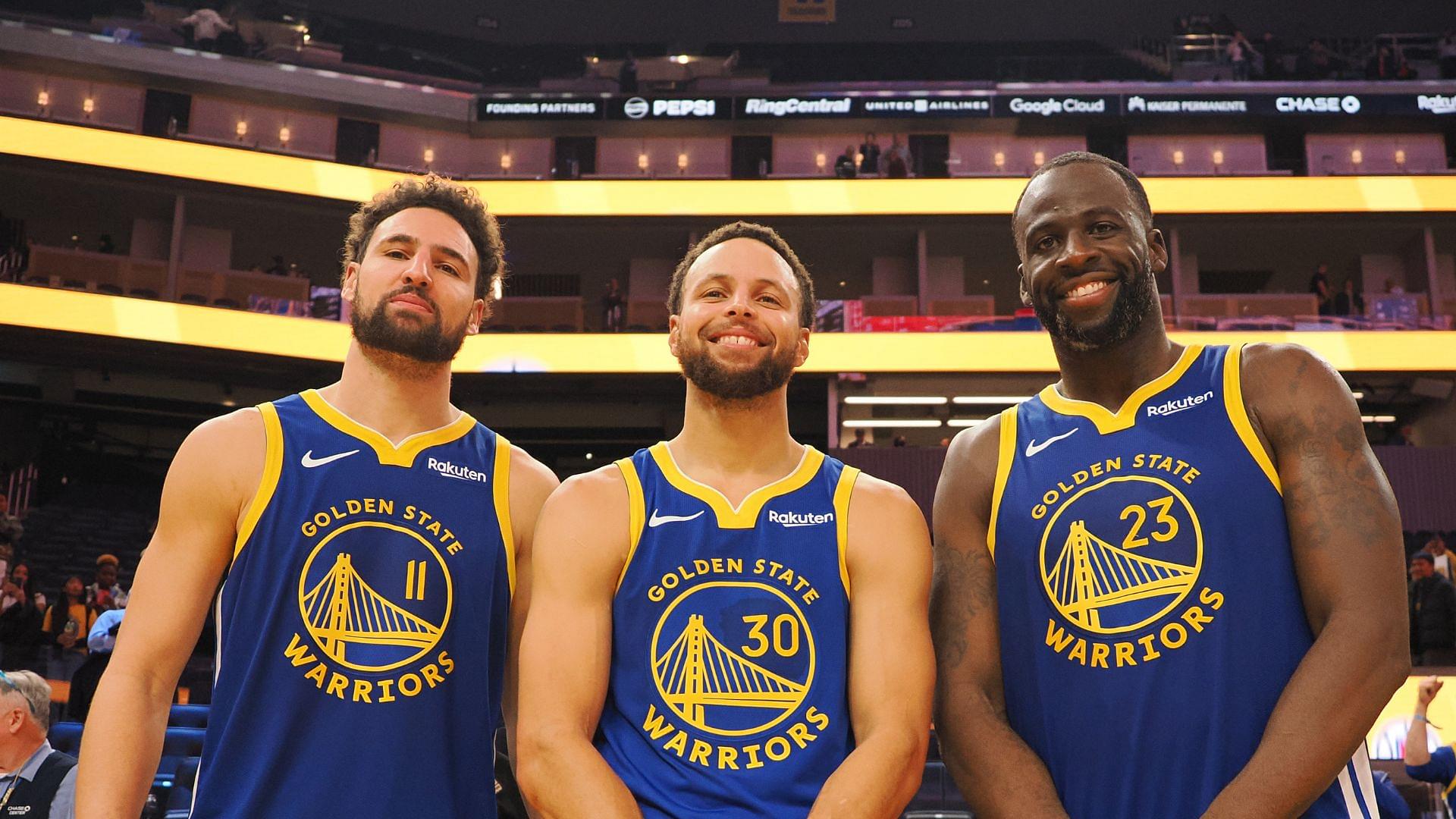 Nov 30, 2023; San Francisco, California, USA; Golden State Warriors guard Klay Thompson (11), guard Stephen Curry (30) and forward Draymond Green (23) after the game against the Los Angeles Clippers at Chase Center.