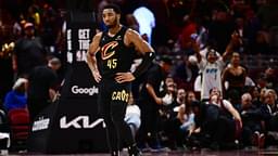 Cleveland Cavaliers guard Donovan Mitchell (45) reacts during the second half of game five against the Indiana Pacers in the second round for the 2025 NBA Playoffs at Rocket Arena