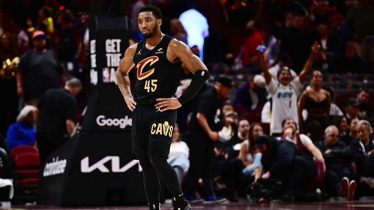 Cleveland Cavaliers guard Donovan Mitchell (45) reacts during the second half of game five against the Indiana Pacers in the second round for the 2025 NBA Playoffs at Rocket Arena