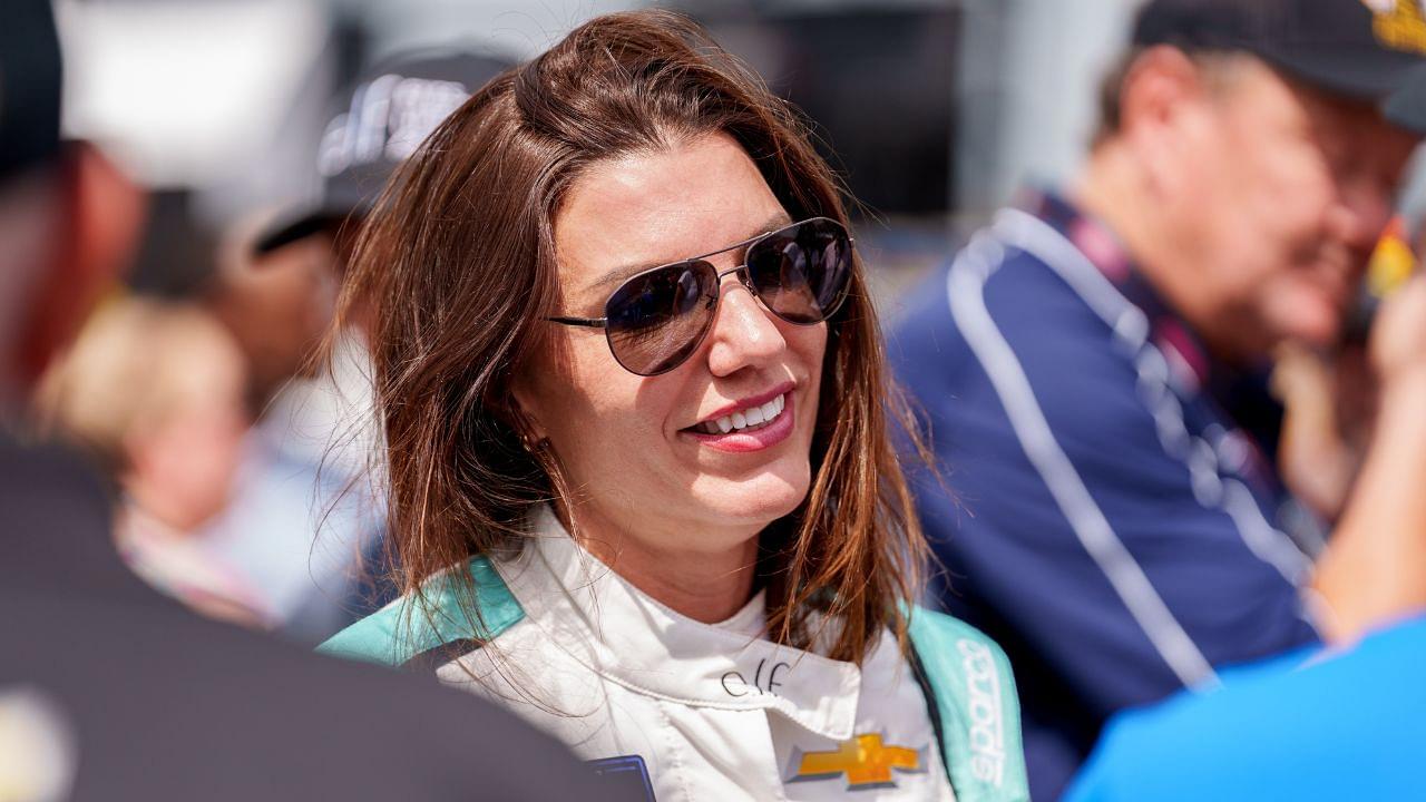 Xfinity Series driver Katherine Legge (32) speaks with fans before the race at Talladega Superspeedway.