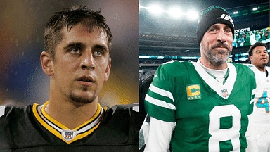 Left: Green Packers quarterback Aaron Rodgers on Aug. 26, 2005; Right: New York Jets quarterback Aaron Rodgers on Jan. 5, 2025