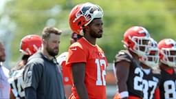 Cleveland Browns quarterback Shedeur Sanders (12) watches from the sideline during day two of NFL rookie minicamp at the Cleveland Browns training facility on Saturday, May 10, 2025, in Berea, Ohio.