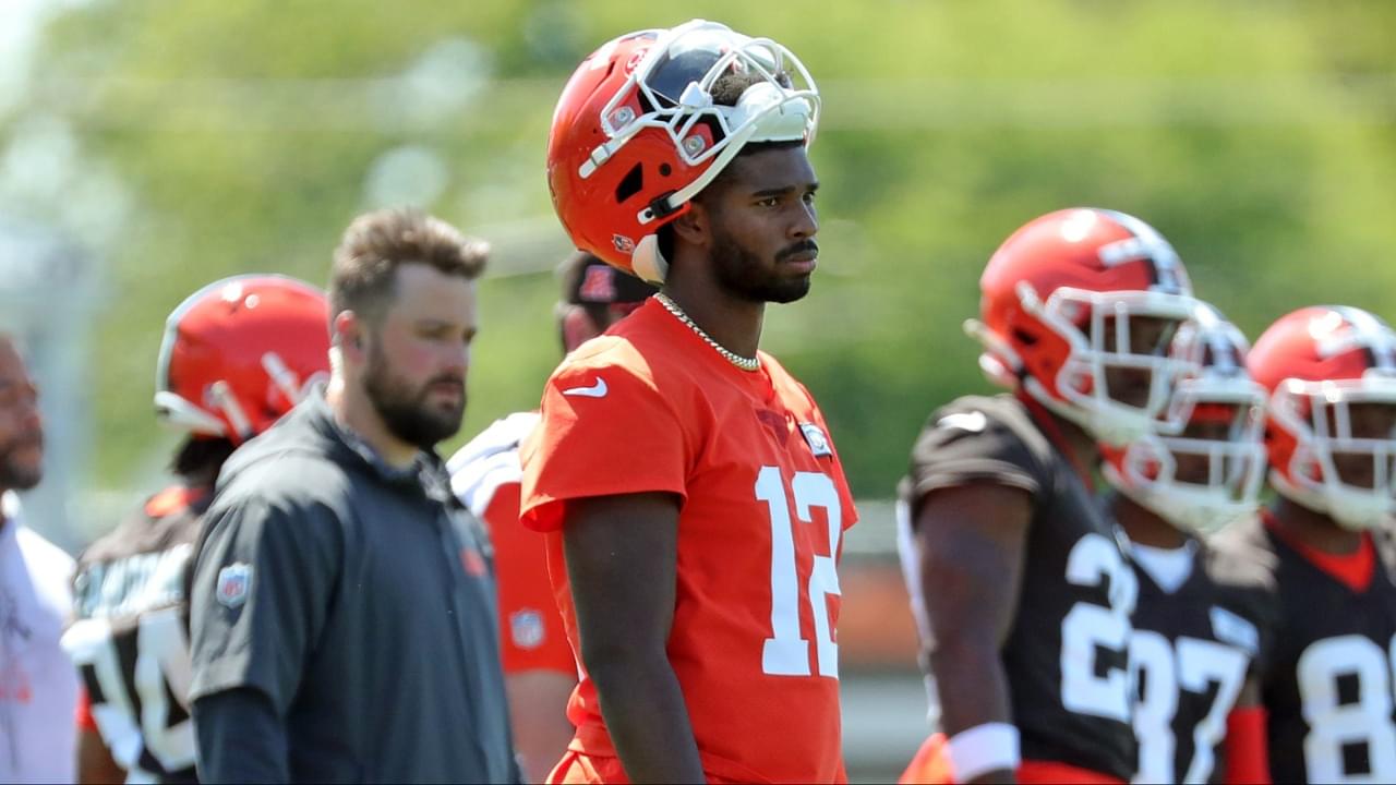 Cleveland Browns quarterback Shedeur Sanders (12) watches from the sideline during day two of NFL rookie minicamp at the Cleveland Browns training facility on Saturday, May 10, 2025, in Berea, Ohio.