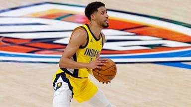 Indiana Pacers guard Tyrese Haliburton (0) shoots the ball against the Oklahoma City Thunder during the second quarter during game one of the 2025 NBA Finals at Paycom Center.
