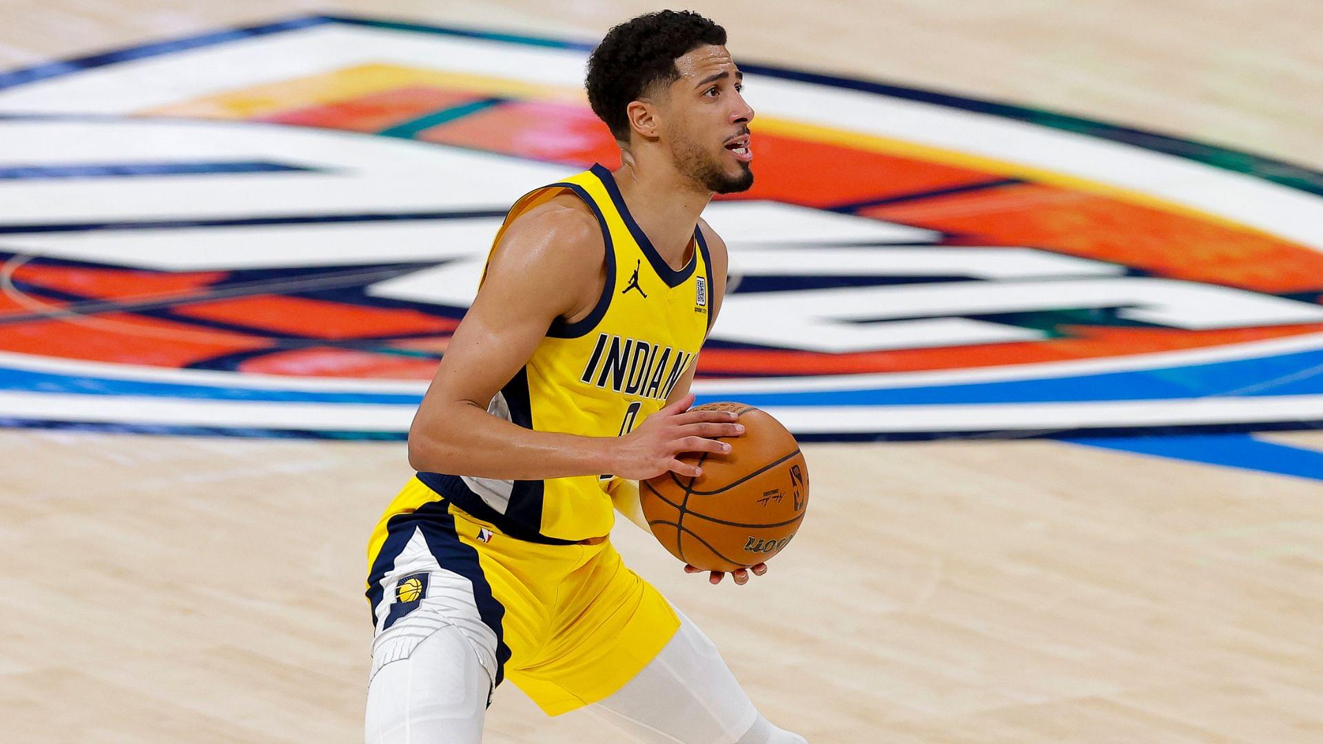 Indiana Pacers guard Tyrese Haliburton (0) shoots the ball against the Oklahoma City Thunder during the second quarter during game one of the 2025 NBA Finals at Paycom Center.
