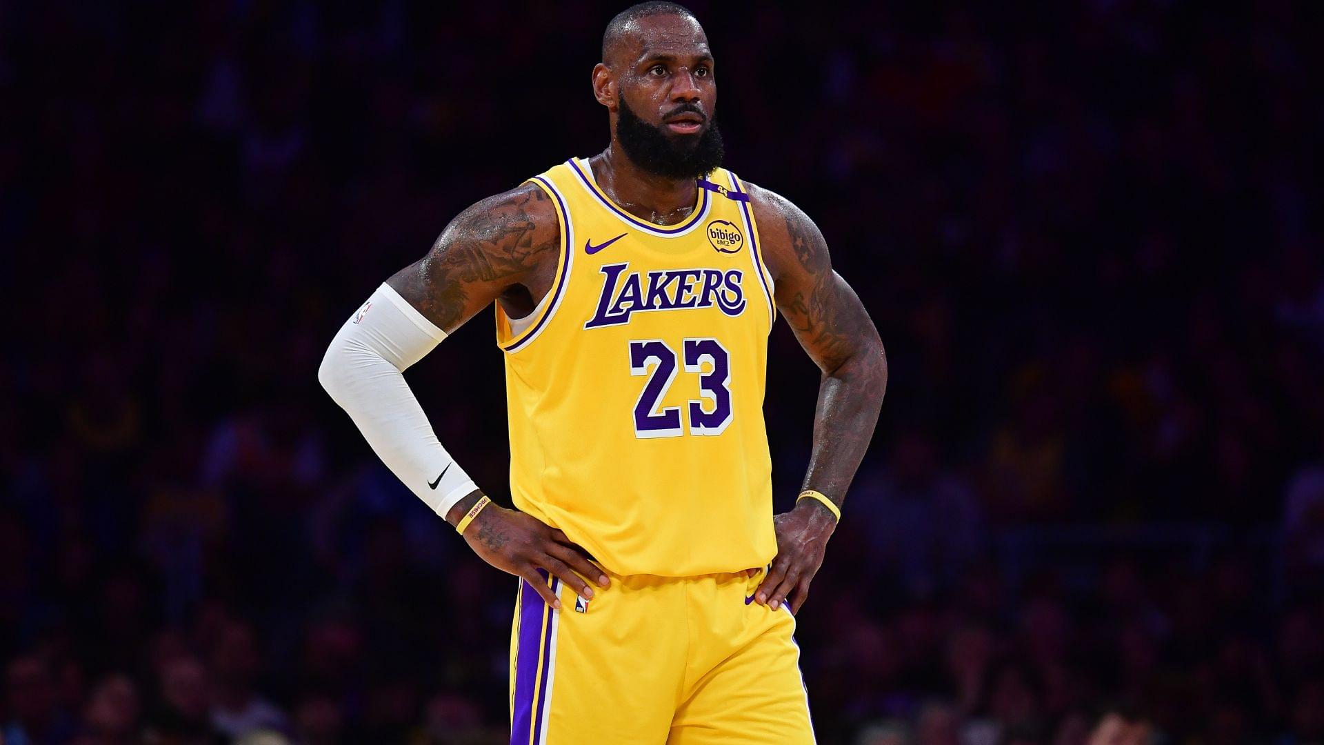 Apr 30, 2025; Los Angeles, California, USA; Los Angeles Lakers forward LeBron James (23) reacts during the first half in game five of first round for the 2025 NBA Playoffs at Crypto.com Arena