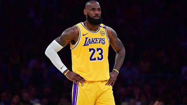 Apr 30, 2025; Los Angeles, California, USA; Los Angeles Lakers forward LeBron James (23) reacts during the first half in game five of first round for the 2025 NBA Playoffs at Crypto.com Arena