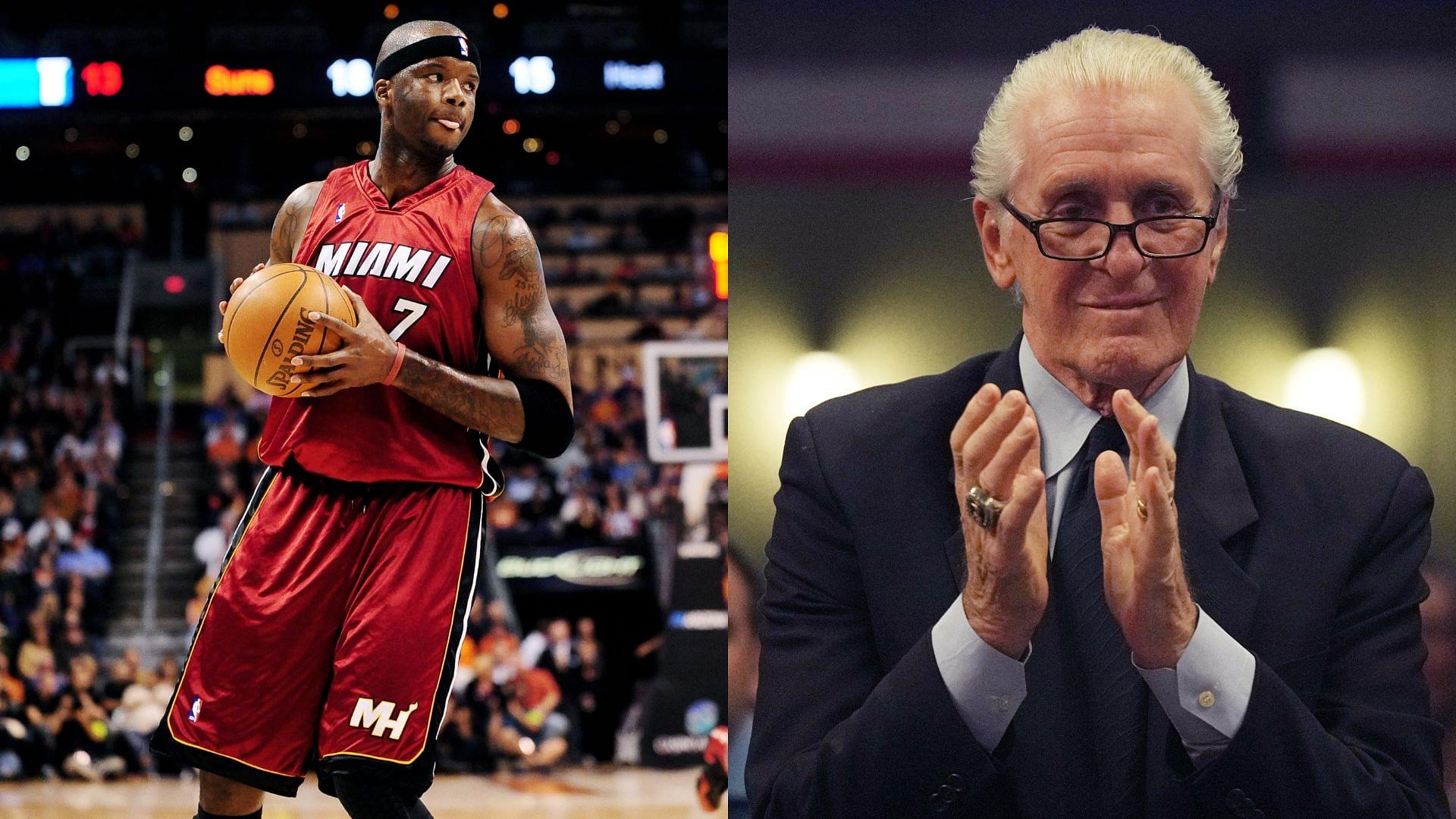 Jermaine O'Neal (L) and Pat Riley (R)