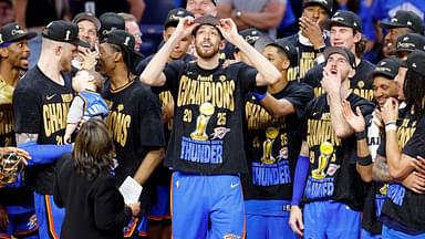 Oklahoma City Thunder forward Chet Holmgren (7) celebrates after winning game seven of the 2025 NBA Finals against the Indiana Pacers at Paycom Center.