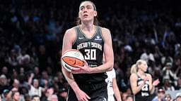 May 29, 2025; Brooklyn, New York, USA; New York Liberty forward Breanna Stewart (30) reacts after scoring a basket against the Golden State Valkyries during the second half at Barclays Center.