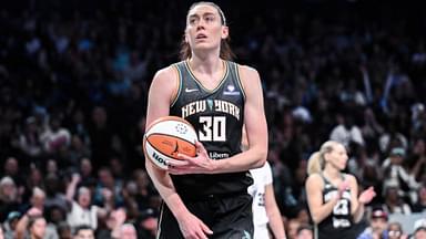 May 29, 2025; Brooklyn, New York, USA; New York Liberty forward Breanna Stewart (30) reacts after scoring a basket against the Golden State Valkyries during the second half at Barclays Center.
