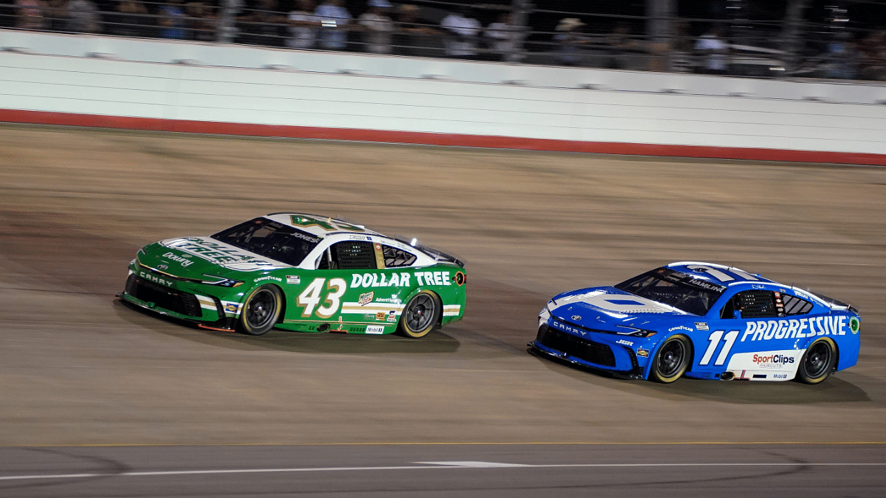 NASCAR Cup Series driver Erik Jones (43) drives next to Denny Hamlin (11) during the Cracker Barrel 400 at Nashville Superspeedway in Lebanon, Tenn., Sunday, June 1, 2025.