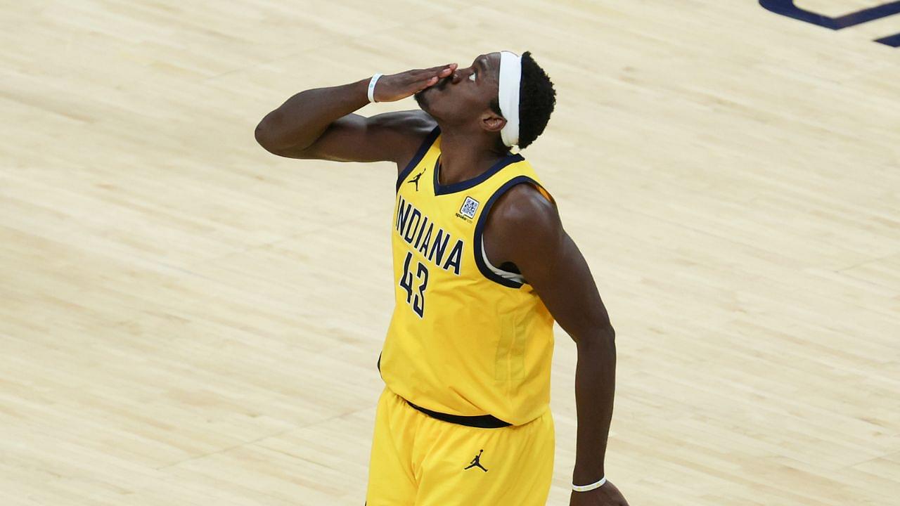 Indiana Pacers forward Pascal Siakam (43) celebrates after a play in the third quarter during game six of the 2025 NBA Finals against the Oklahoma City Thunder at Gainbridge Fieldhouse.
