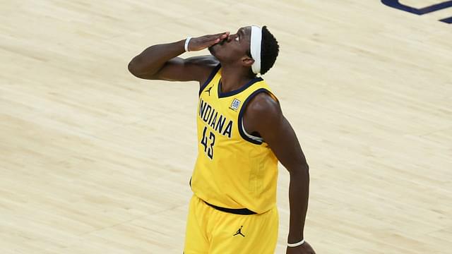 Indiana Pacers forward Pascal Siakam (43) celebrates after a play in the third quarter during game six of the 2025 NBA Finals against the Oklahoma City Thunder at Gainbridge Fieldhouse.