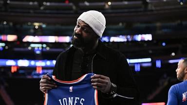 UFC mixed martial arts heavyweight champion Jon Jones poses for a photo before a game between the New York Knicks and the Chicago Bulls at Madison Square Garden.