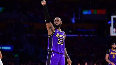 Jan 3, 2025; Los Angeles, California, USA; Los Angeles Lakers forward LeBron James (23) reacts after scoring three point basket against the Atlanta Hawks during the second half at Crypto.com Arena.