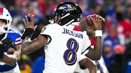 Jan 19, 2025; Orchard Park, New York, USA; Baltimore Ravens quarterback Lamar Jackson (8) throws the ball during the fourth quarter against the Buffalo Bills in a 2025 AFC divisional round game at Highmark Stadium. Mandatory Credit: Mark Konezny-Imagn Images