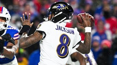 Jan 19, 2025; Orchard Park, New York, USA; Baltimore Ravens quarterback Lamar Jackson (8) throws the ball during the fourth quarter against the Buffalo Bills in a 2025 AFC divisional round game at Highmark Stadium. Mandatory Credit: Mark Konezny-Imagn Images