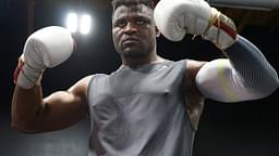 Francis Ngannou at the Tyson Fury vs. Francis Ngannou open workout on September 26, 2023, at Ngannou™s private gym in Las Vegas, NV.