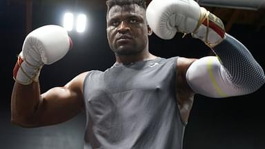 Francis Ngannou at the Tyson Fury vs. Francis Ngannou open workout on September 26, 2023, at Ngannou™s private gym in Las Vegas, NV.
