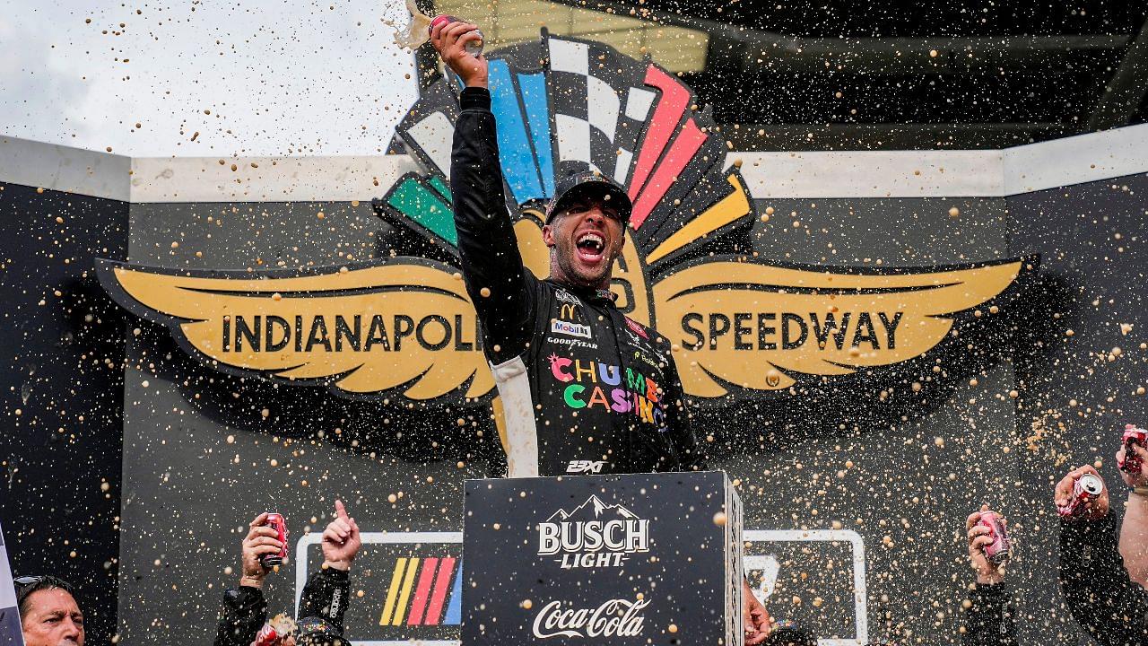 NASCAR Cup Series driver Bubba Wallace (23) celebrates winning Sunday, July 27, 2025, the Brickyard 400 at Indianapolis Motor Speedway.