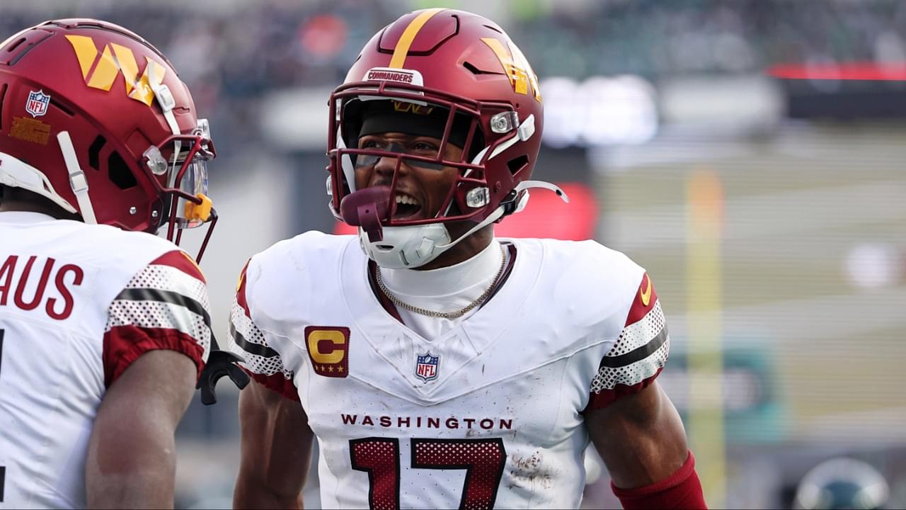 Washington Commanders wide receiver Terry McLaurin (17) reacts after a play with wide receiver Olamide Zaccheaus (14) against the Philadelphia Eagles during the first half in the NFC Championship game at Lincoln Financial Field.