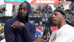 Feb 16, 2018; Los Angeles, CA, USA; Former NBA player Kevin Garnett (left) interviews former NBA player Paul Pierce during the NBA All-Star Celebrity Game at the Los Angeles Convention Center