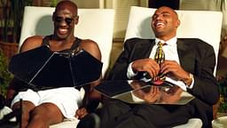Nov 22, 1993; Phoenix, AZ, USA; NBA superstars Michael Jordan (left) and Charles Barkley during the filming of a Nike shoe commercial at the Arizona Biltmore.