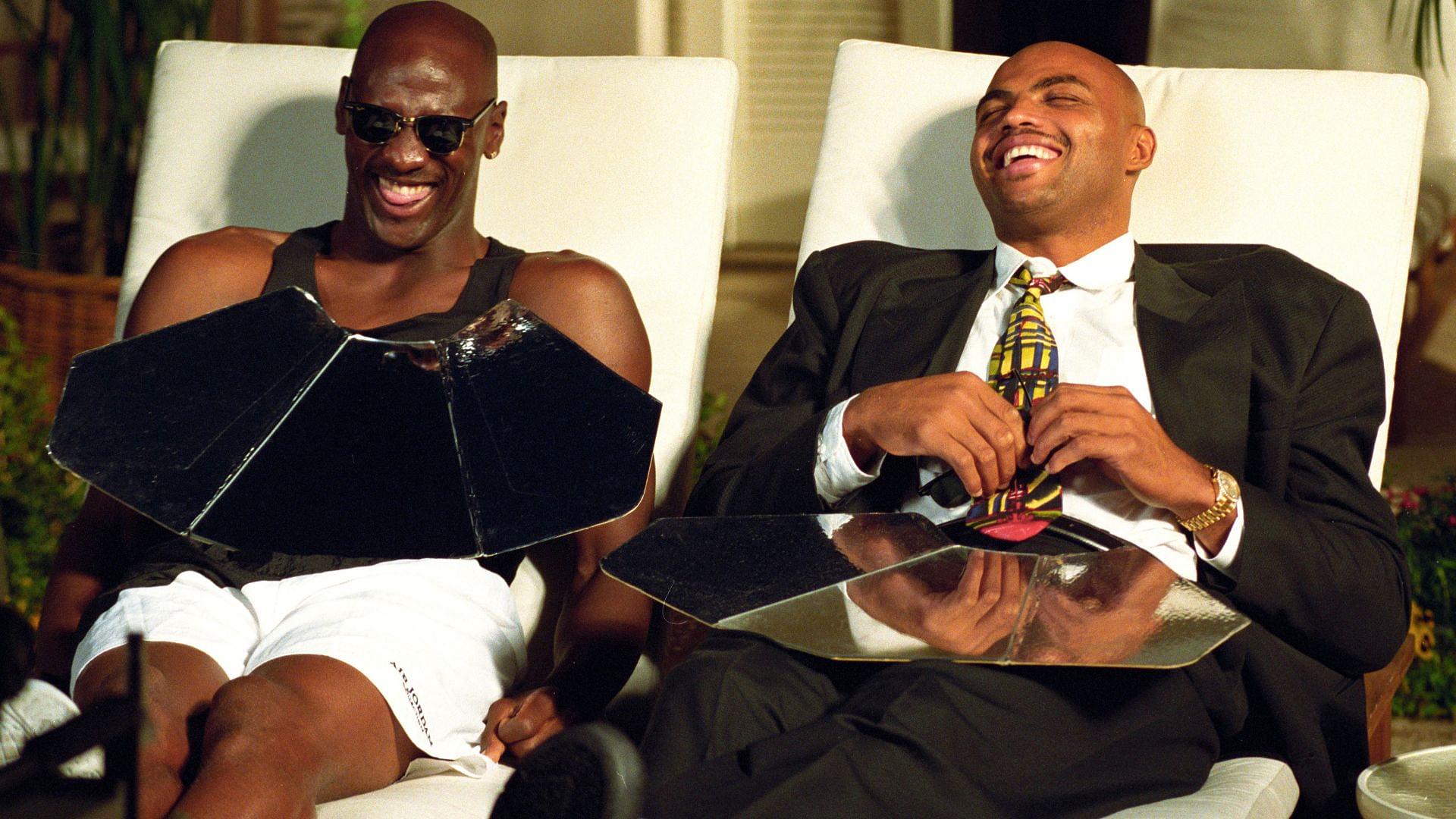 Nov 22, 1993; Phoenix, AZ, USA; NBA superstars Michael Jordan (left) and Charles Barkley during the filming of a Nike shoe commercial at the Arizona Biltmore.