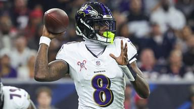 Dec 15, 2024; Houston, Texas, USA; Baltimore Ravens quarterback Lamar Jackson (8) throws the ball during the second quarter against the Houston Texans at NRG Stadium.