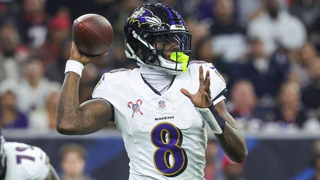 Dec 15, 2024; Houston, Texas, USA; Baltimore Ravens quarterback Lamar Jackson (8) throws the ball during the second quarter against the Houston Texans at NRG Stadium.