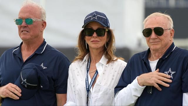 Dallas Cowboys chief operating officer Stephen Jones (left) and chief brand officer Charlotte Jones (center) and owner Jerry Jones during training camp opening ceremonies at the River Ridge Fields.