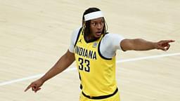 ndiana Pacers center Myles Turner (33) reacts in the first quarter during game six of the 2025 NBA Finals against the Oklahoma City Thunder at Gainbridge Fieldhouse.
