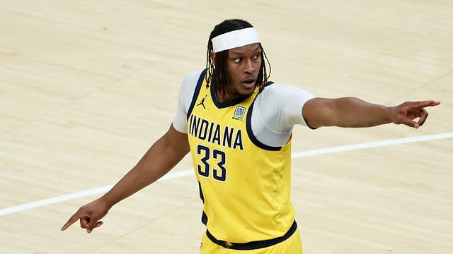 ndiana Pacers center Myles Turner (33) reacts in the first quarter during game six of the 2025 NBA Finals against the Oklahoma City Thunder at Gainbridge Fieldhouse.
