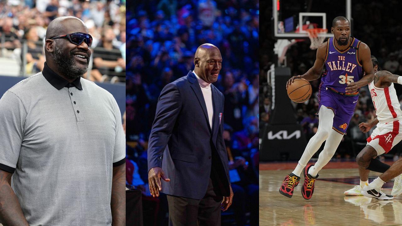 Shaquille O'Neal (L), Michael Jordan (C), Kevin Durant (R)