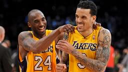 March 23, 2012; Los Angeles, CA, USA; Los Angeles Lakers shooting guard Kobe Bryant (24) laughs with small forward Matt Barnes (9) at the end of the game against the Portland Trail Blazers at the Staples Center.