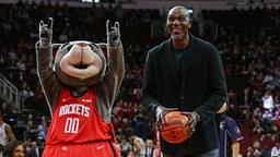 Houston Rockets former player and NBA Hall of Fame member Hakeem Olajuwon attempts a ceremonial free throw before a game against the San Antonio Spurs at Toyota Center.